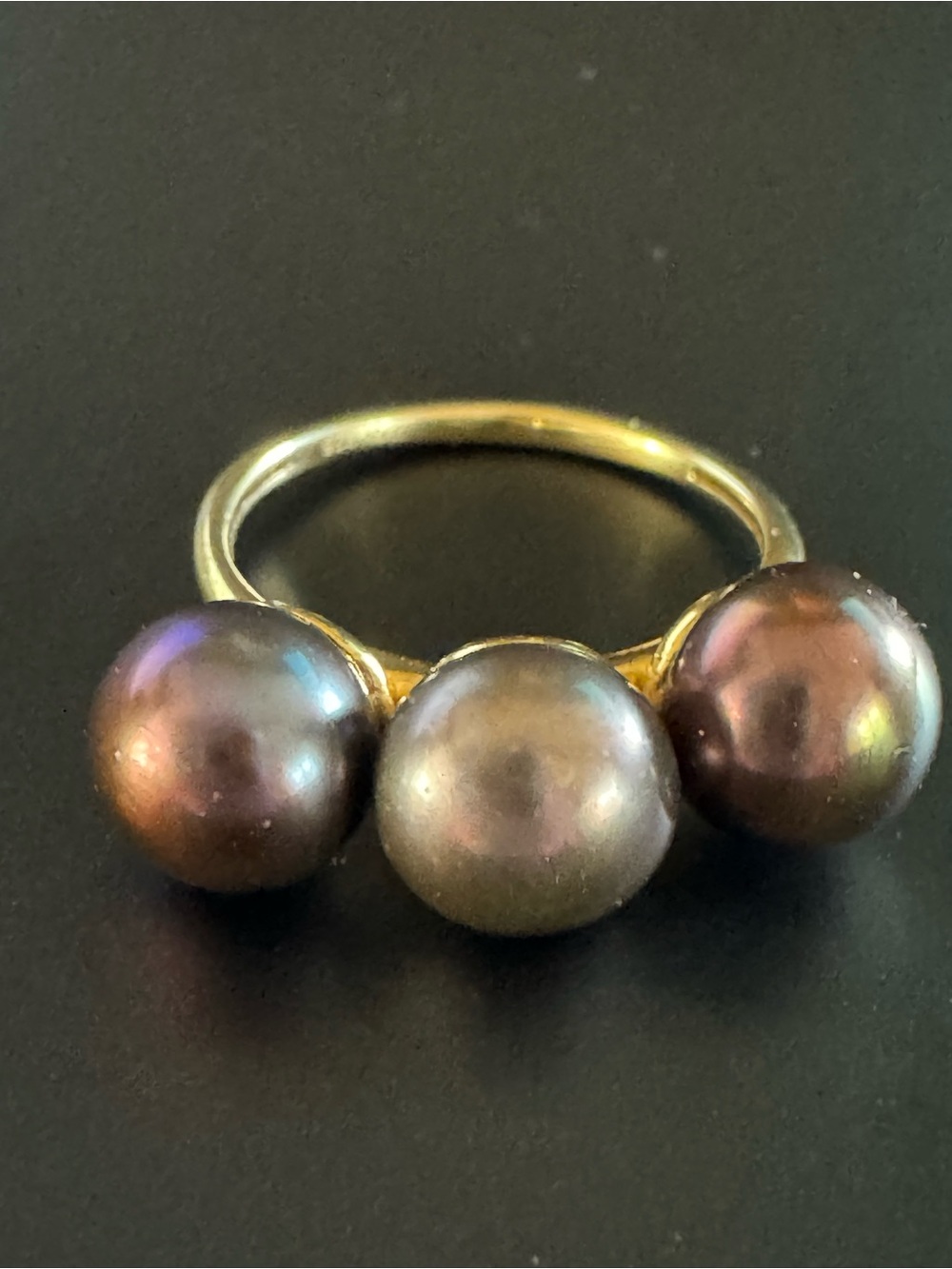 D’Joy 925 Gold Vermeil 3 Peacock Pearl Statement Ring - Size 6